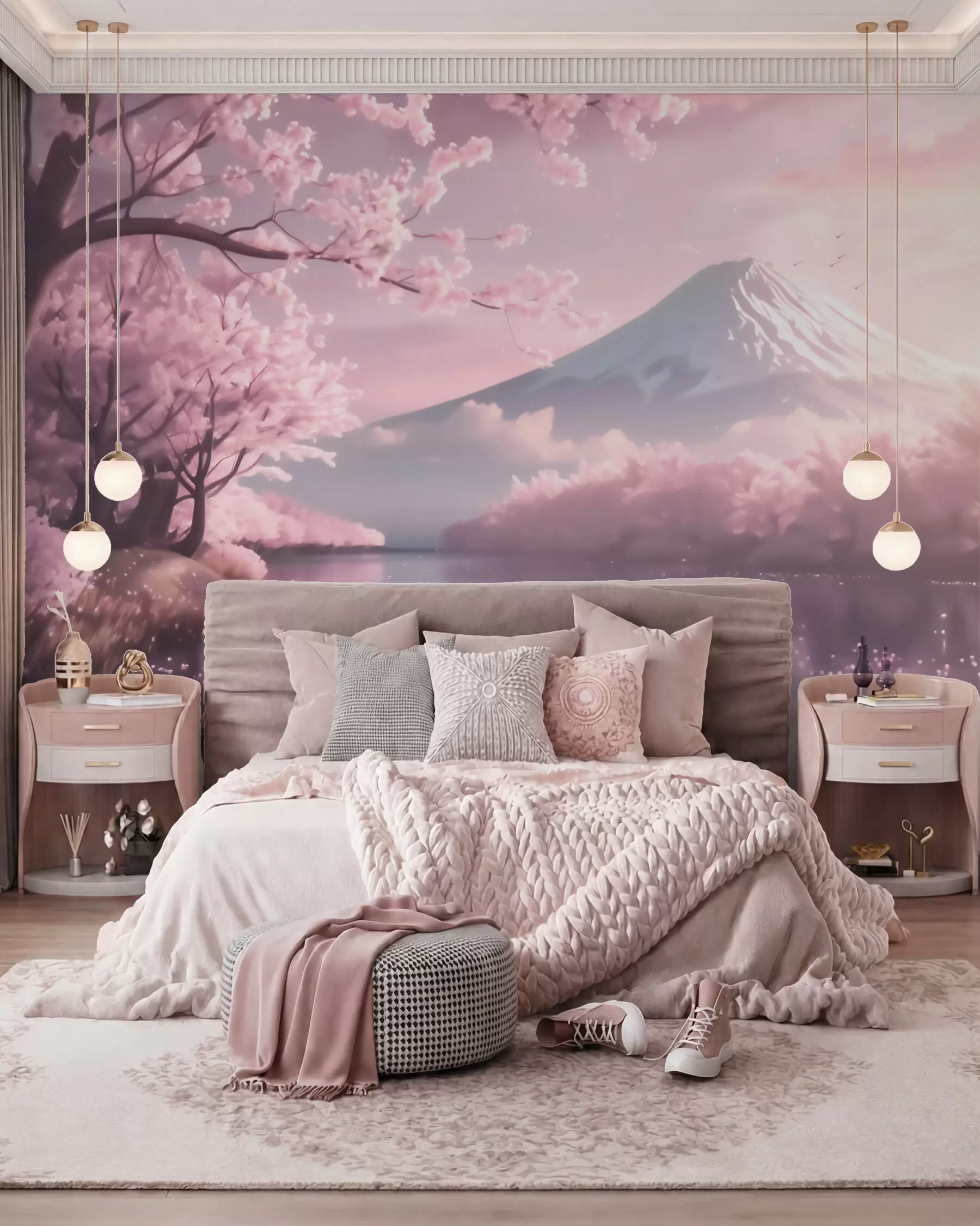 wall murals Спокојан јапански пејзаж са цветовима трешње и планинским језером при изласку сунца w09864