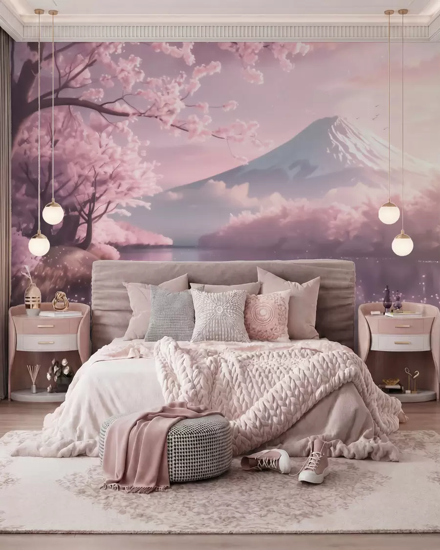 wall murals Спокојан јапански пејзаж са цветовима трешње и планинским језером при изласку сунца w09864
