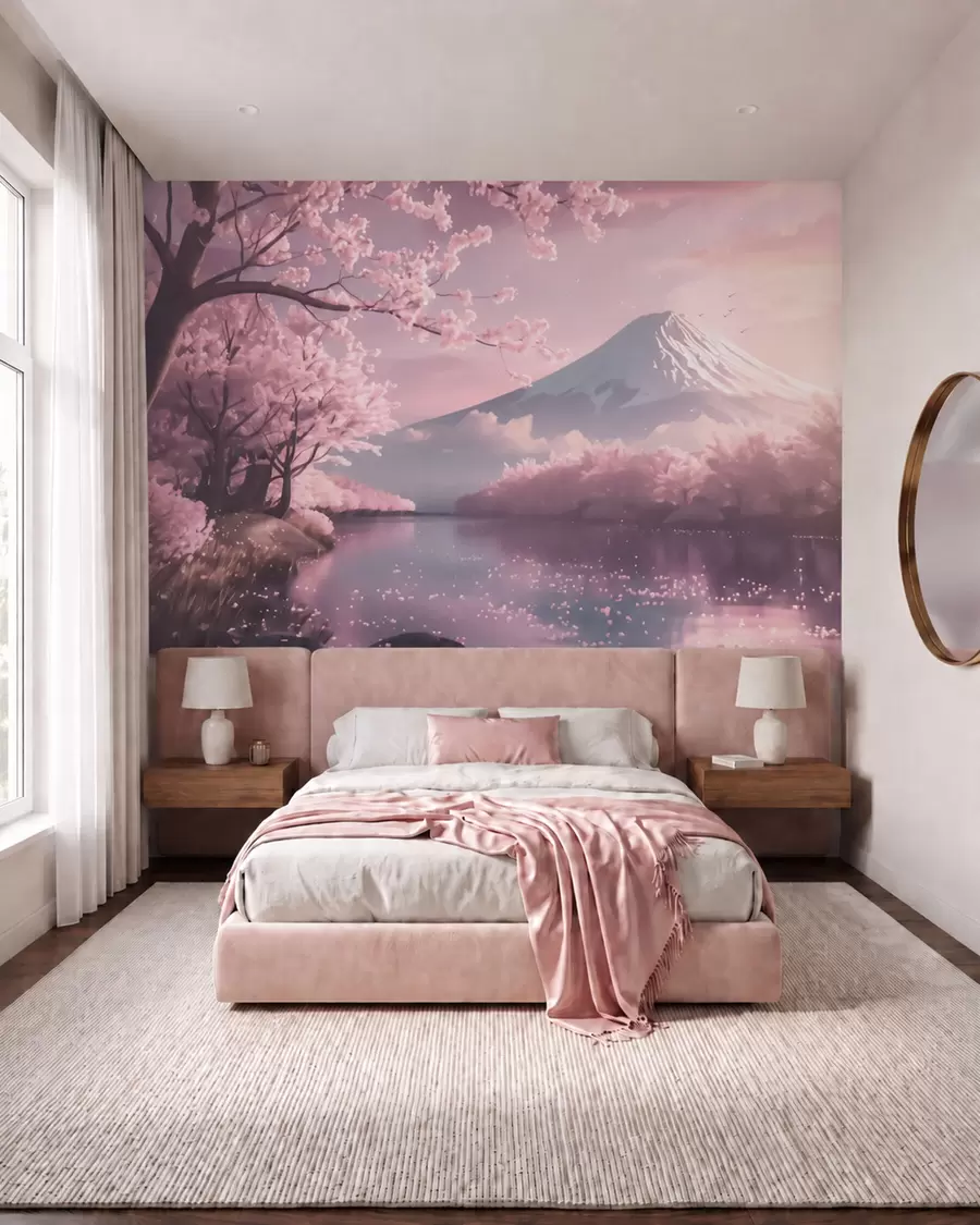 wall murals Спокојан јапански пејзаж са цветовима трешње и планинским језером при изласку сунца w09864