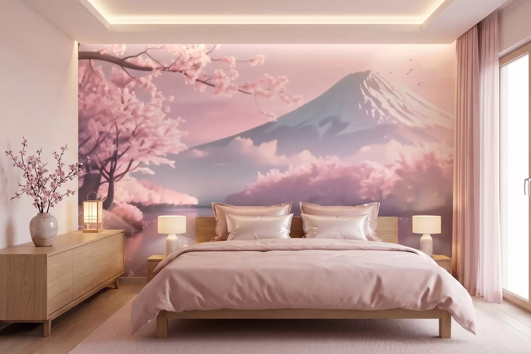 wall murals Спокојан јапански пејзаж са цветовима трешње и планинским језером при изласку сунца w09864