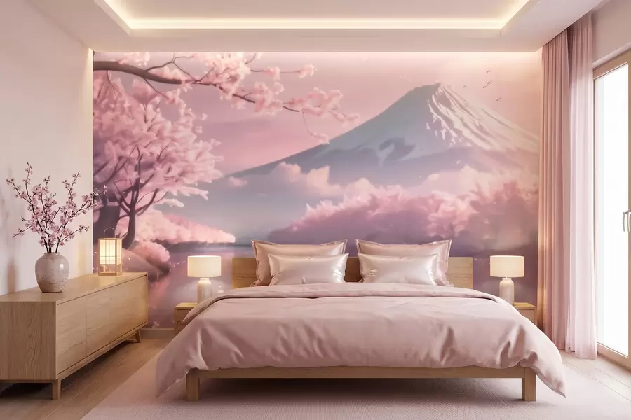 wall murals Спокојан јапански пејзаж са цветовима трешње и планинским језером при изласку сунца w09864