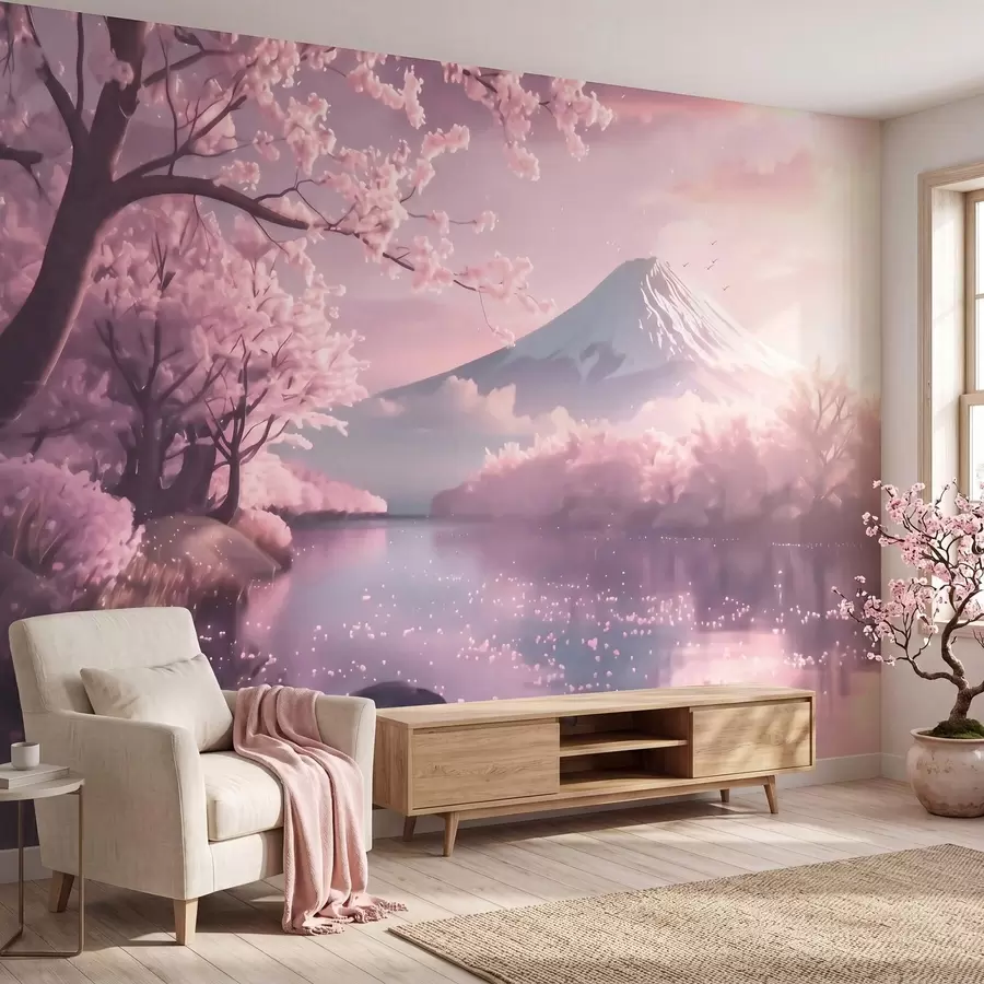wall murals Спокојан јапански пејзаж са цветовима трешње и планинским језером при изласку сунца w09864