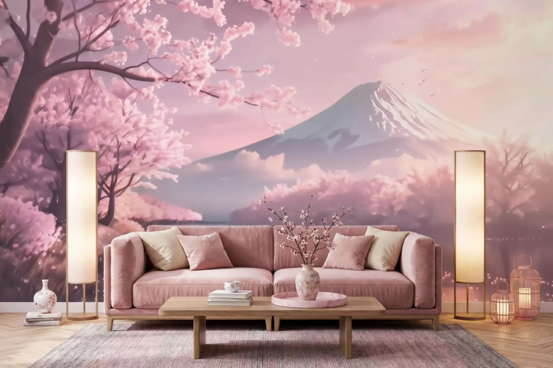 wall murals Спокојан јапански пејзаж са цветовима трешње и планинским језером при изласку сунца w09864