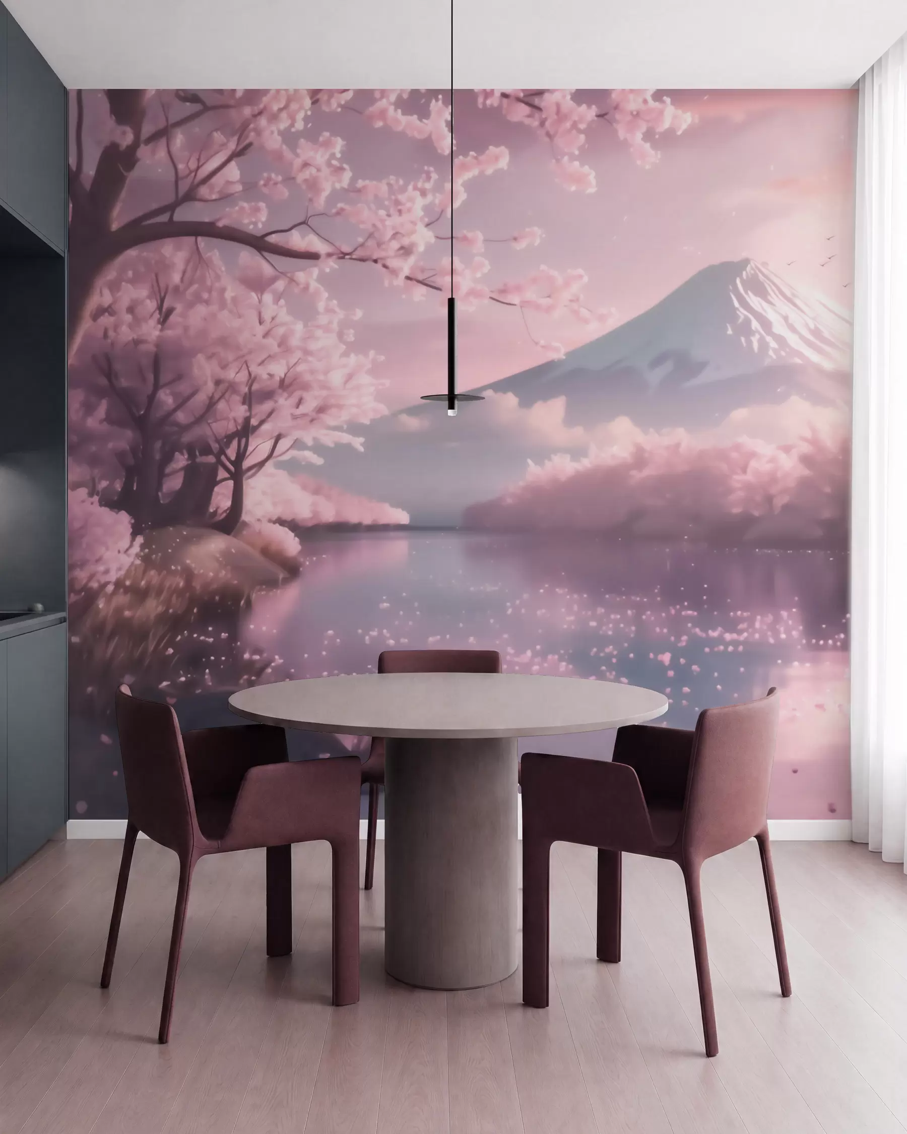 wall murals Спокојан јапански пејзаж са цветовима трешње и планинским језером при изласку сунца w09864