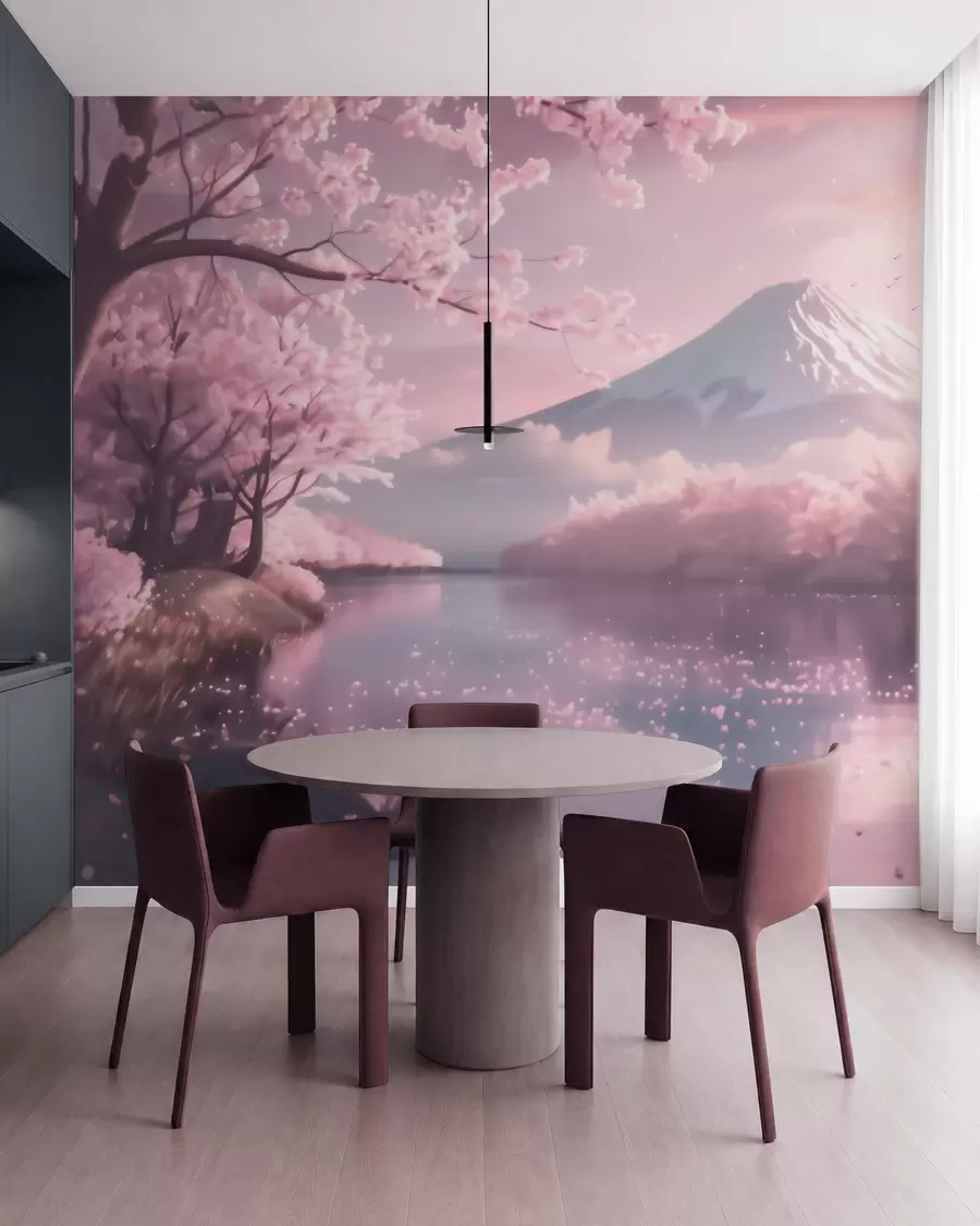 wall murals Спокојан јапански пејзаж са цветовима трешње и планинским језером при изласку сунца w09864