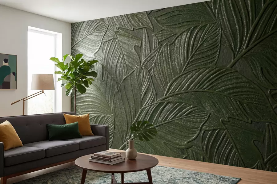 wall murals Рељефно тропско лишће са нежним рељефом у бујним зеленим тоновима w09886v1