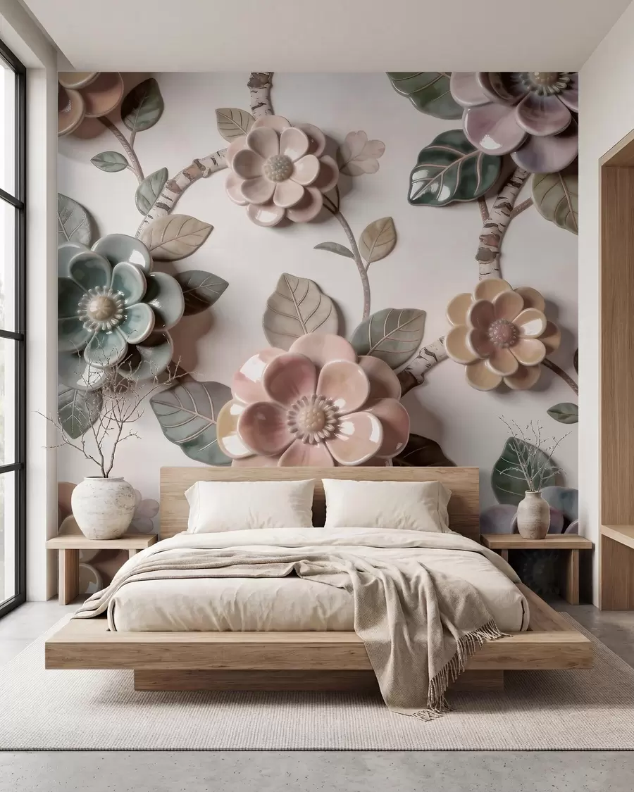 wall murals Тродимензионално керамичко цвеће у мекој пастелној палети w09887