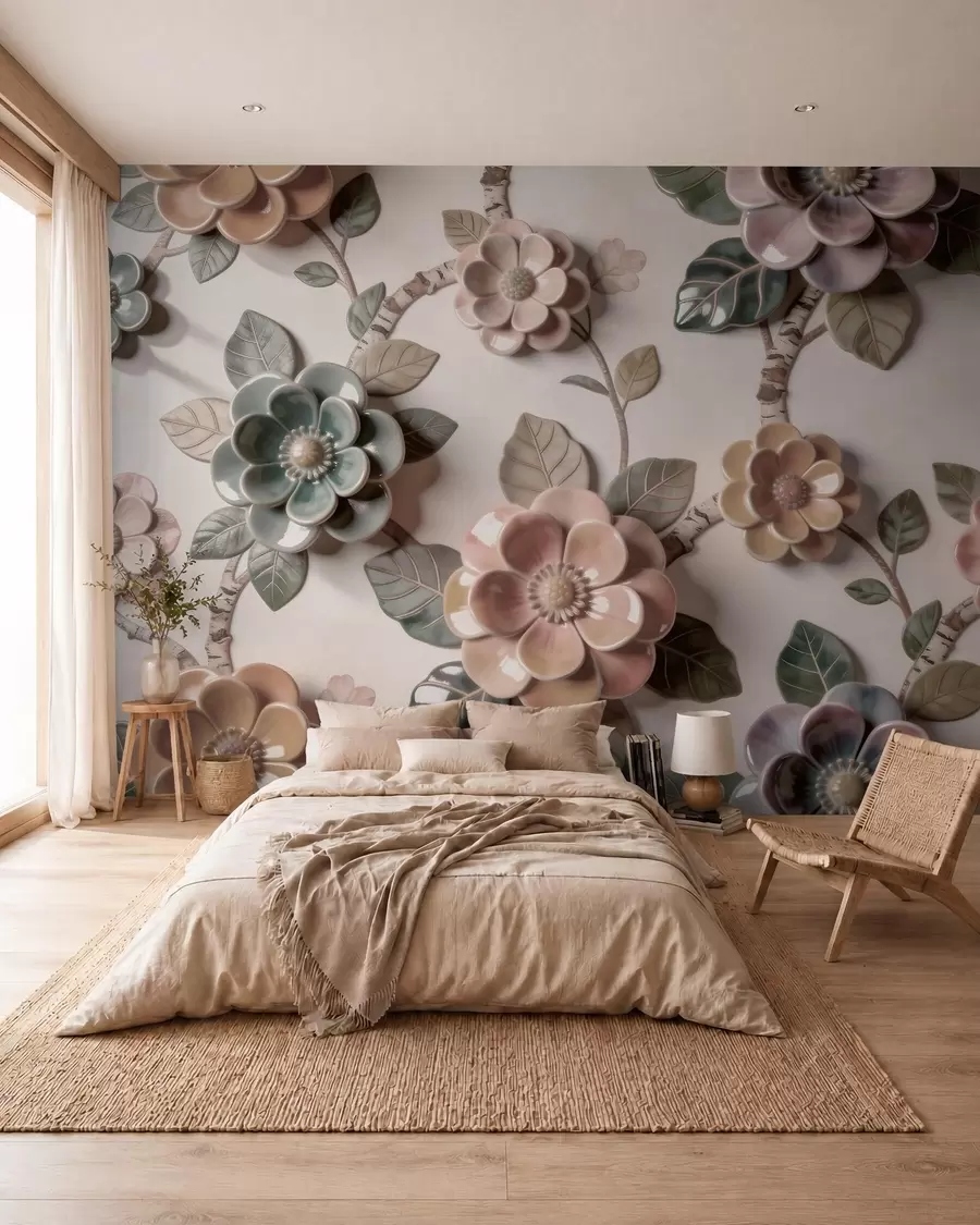 wall murals Тродимензионално керамичко цвеће у мекој пастелној палети w09887
