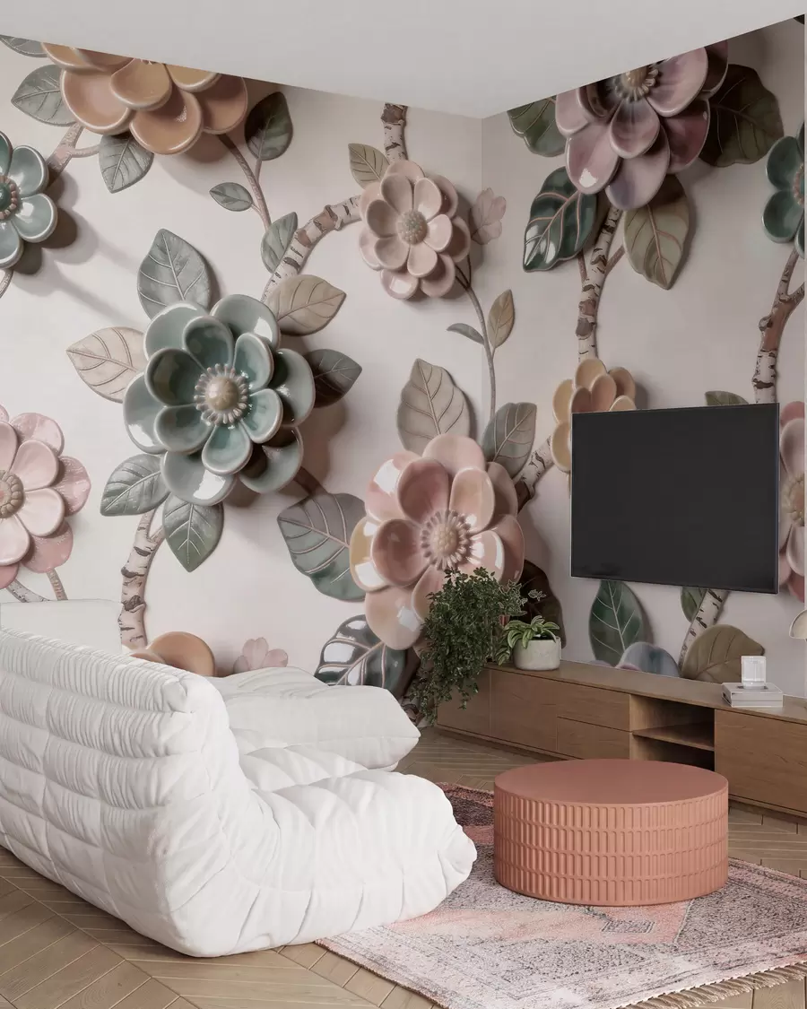 wall murals Тродимензионално керамичко цвеће у мекој пастелној палети w09887