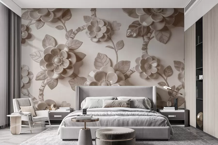 wall murals Елегантни беж аранжман од вајаног тродимензионалног цвећа w09887v1