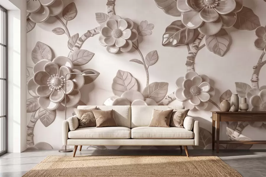 wall murals Елегантни беж аранжман од вајаног тродимензионалног цвећа w09887v1