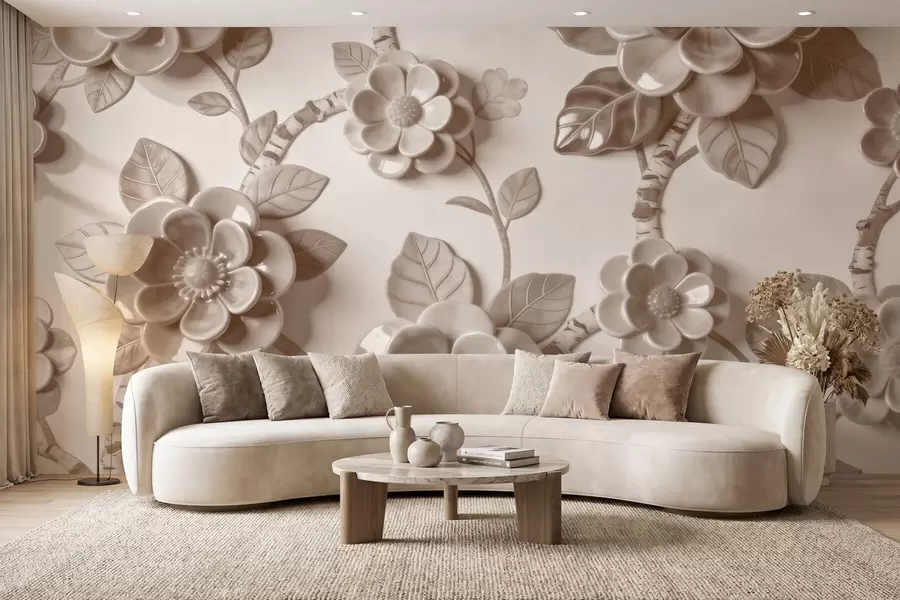 wall murals Елегантни беж аранжман од вајаног тродимензионалног цвећа w09887v1