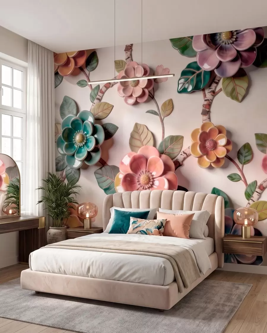 wall murals Тродимензионално керамичко цвеће и лишће у живој палети боја w09887v2