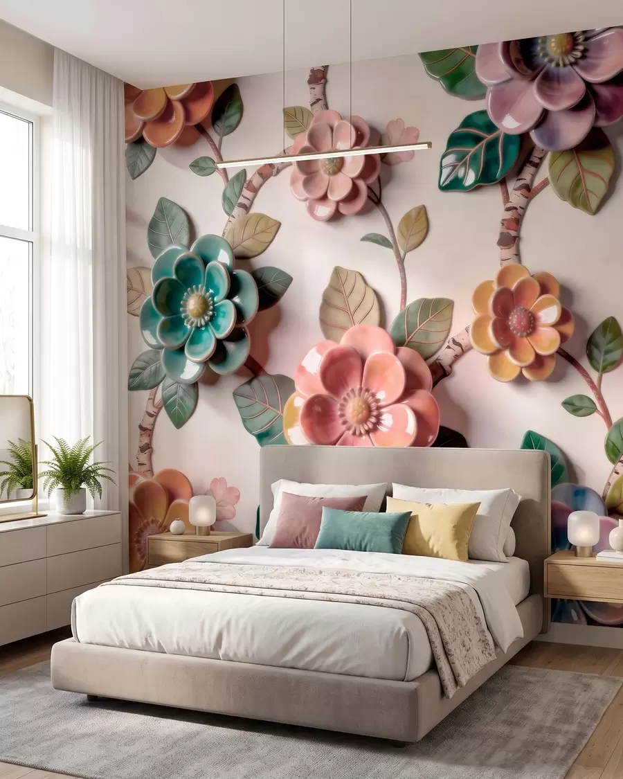 wall murals Тродимензионално керамичко цвеће и лишће у живој палети боја w09887v2