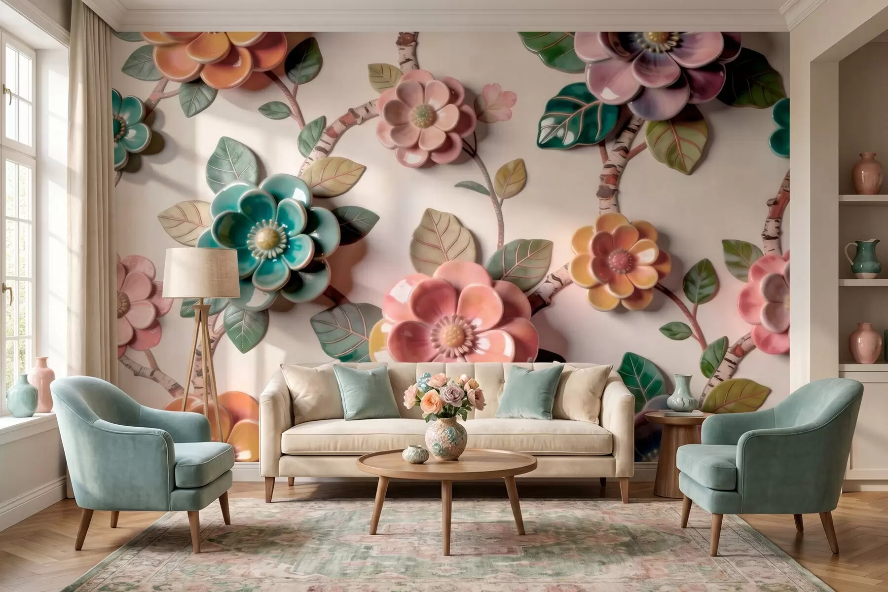 wall murals Тродимензионално керамичко цвеће и лишће у живој палети боја w09887v2