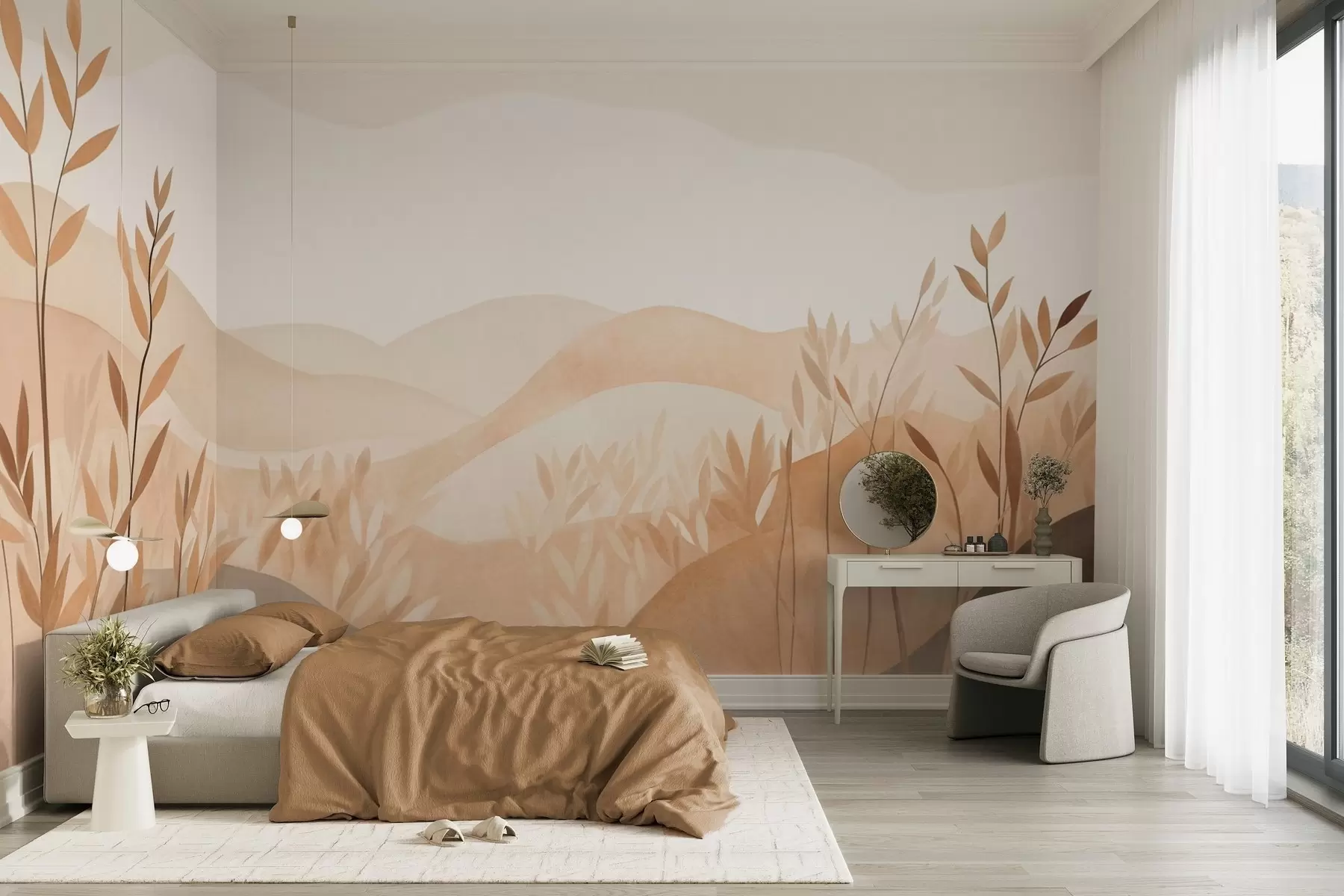wall murals Апстрактни пејзаж са валовитим брдима у нијансама браон и беж, текстурирана уметност w09617