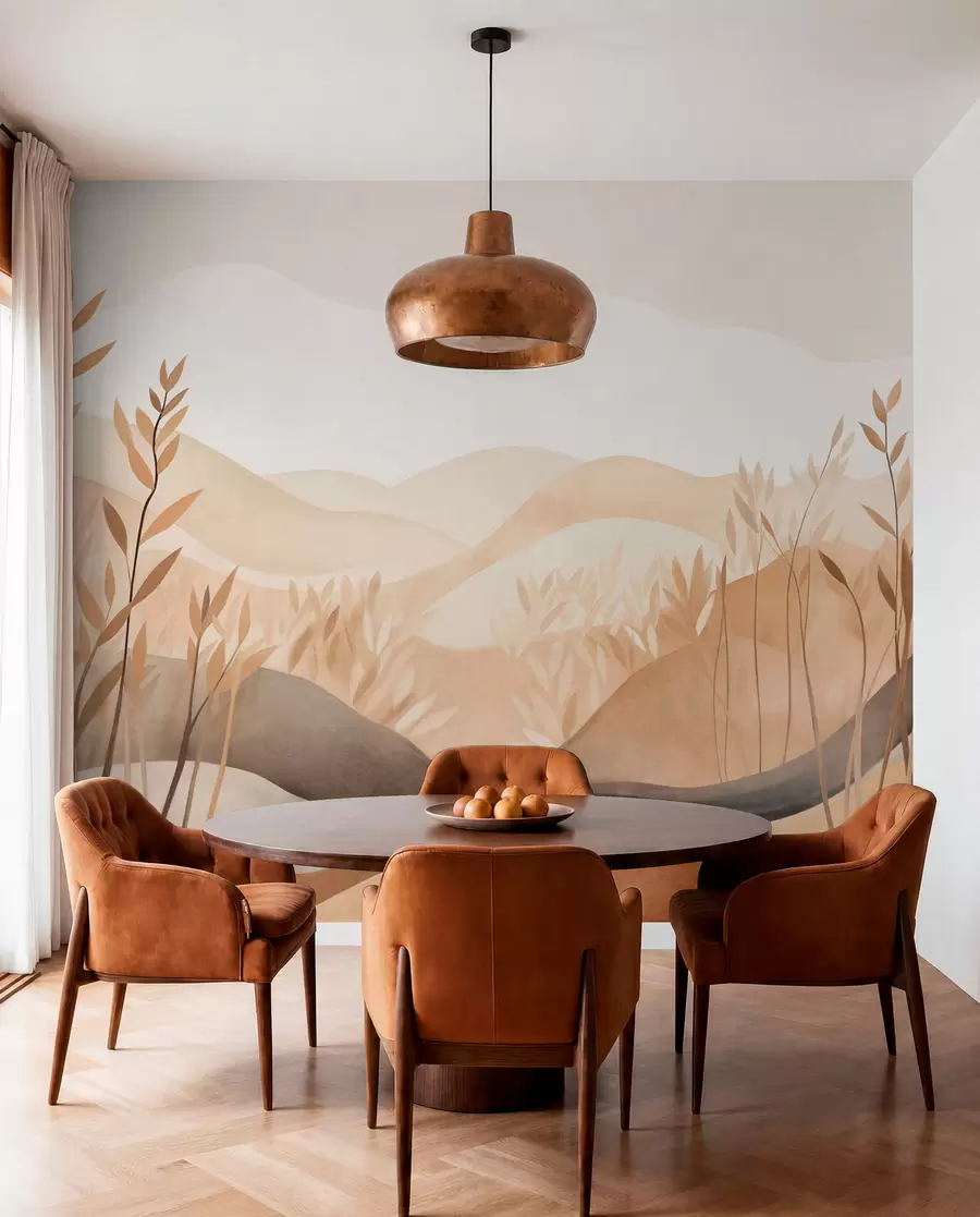 wall murals Апстрактни пејзаж са валовитим брдима у нијансама браон и беж, текстурирана уметност w09617