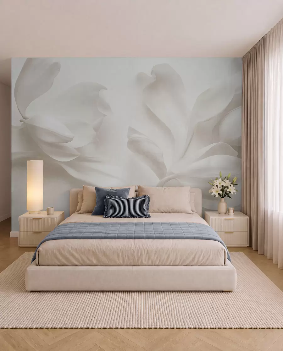 wall murals Текстурирани бели цветови магнолије са нежним латицама, замућена светла позадина w09771