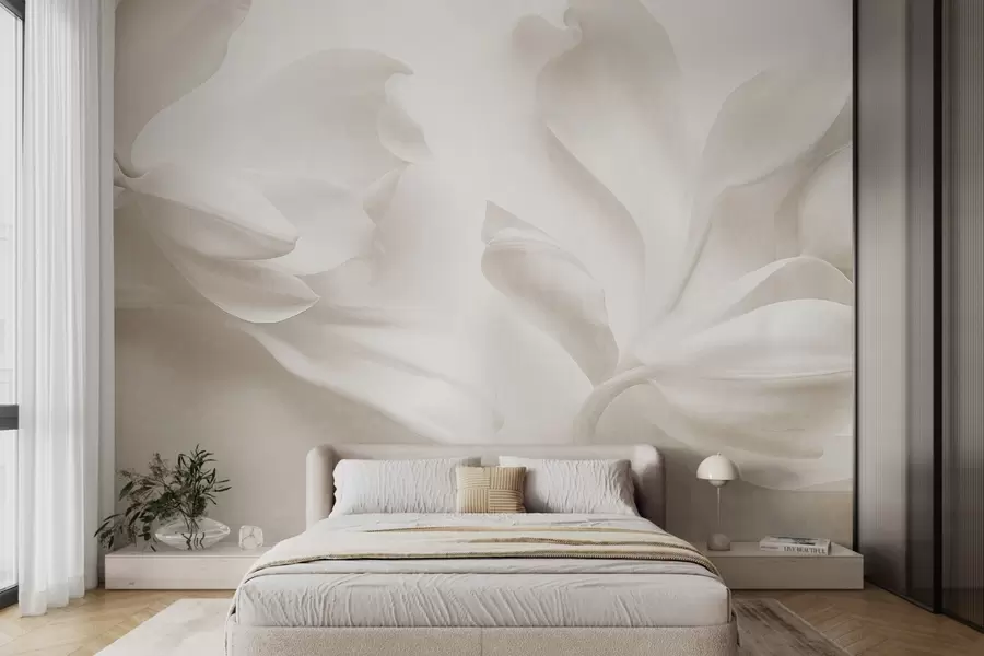wall murals Текстурирани бели цветови магнолије са нежним латицама, замућена светла позадина w09771