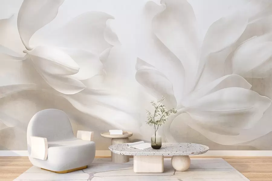 wall murals Текстурирани бели цветови магнолије са нежним латицама, замућена светла позадина w09771