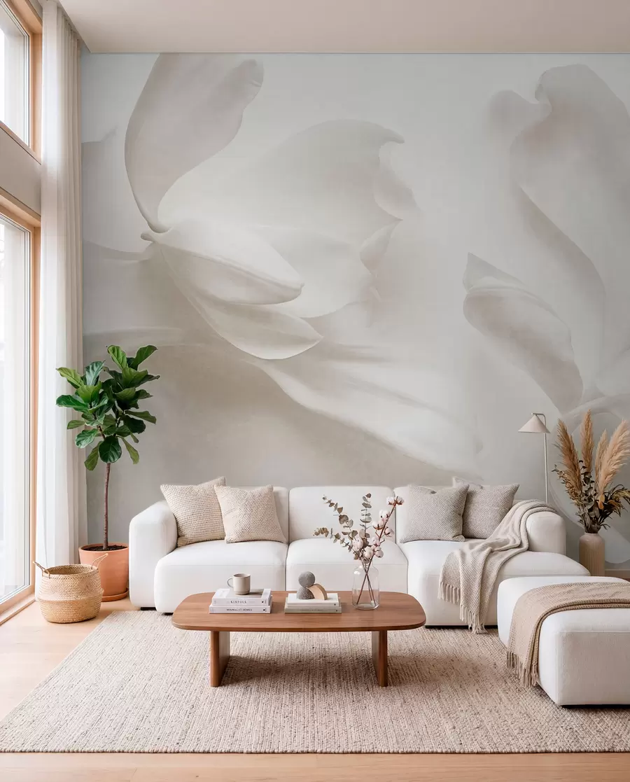 wall murals Текстурирани бели цветови магнолије са нежним латицама, замућена светла позадина w09771