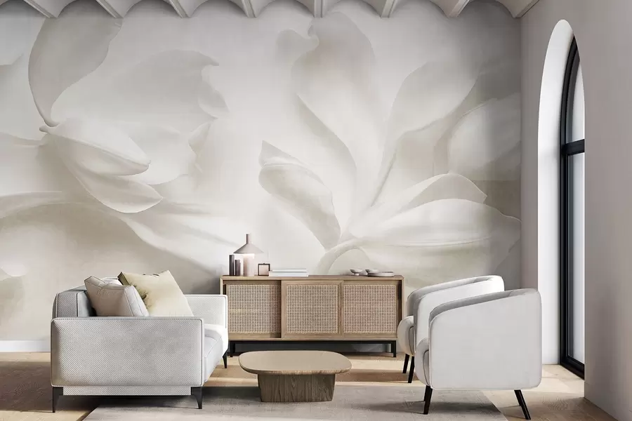 wall murals Текстурирани бели цветови магнолије са нежним латицама, замућена светла позадина w09771