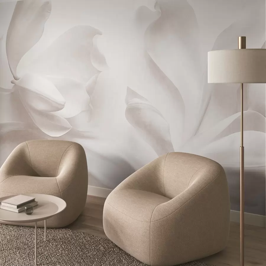 wall murals Текстурирани бели цветови магнолије са нежним латицама, замућена светла позадина w09771