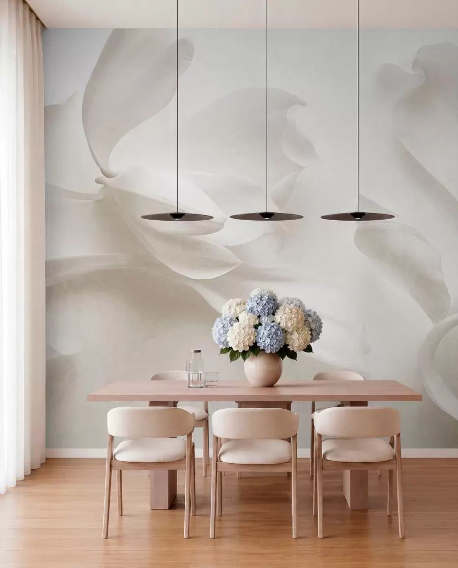 wall murals Текстурирани бели цветови магнолије са нежним латицама, замућена светла позадина w09771