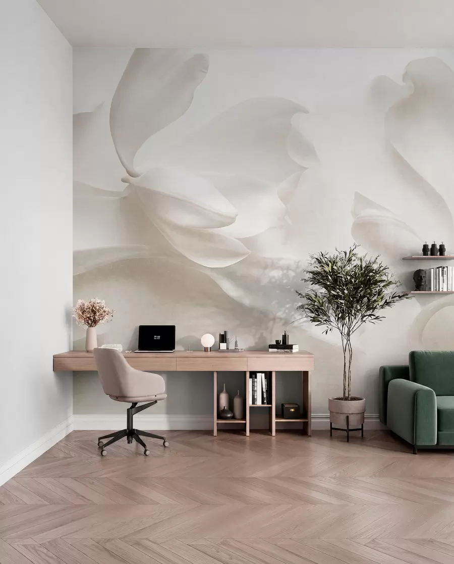 wall murals Текстурирани бели цветови магнолије са нежним латицама, замућена светла позадина w09771
