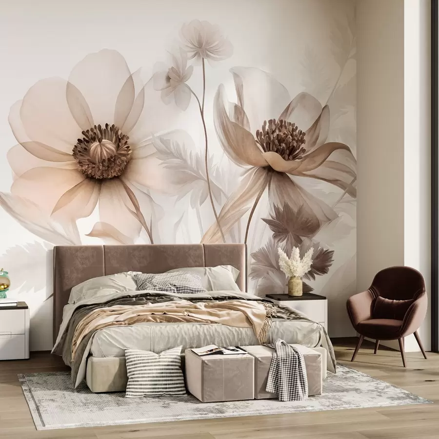 wall murals Велики, провидни, сепија цветови са нежним латицама, пернатим листовима и мањим цветовима w09900