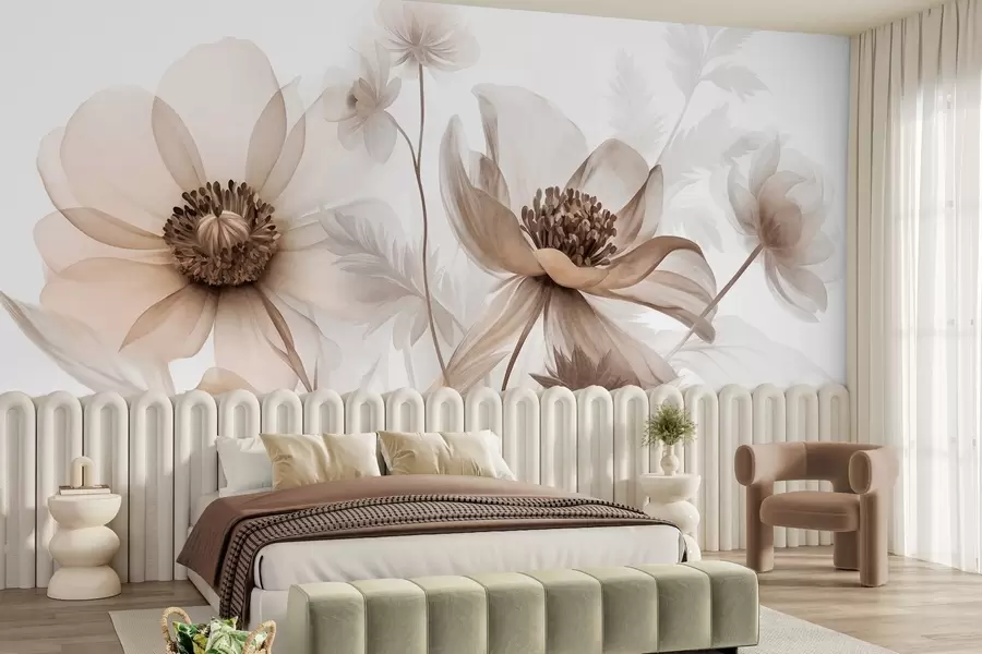wall murals Велики, провидни, сепија цветови са нежним латицама, пернатим листовима и мањим цветовима w09900