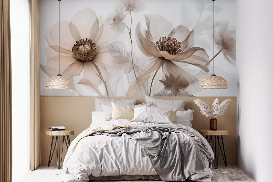 wall murals Велики, провидни, сепија цветови са нежним латицама, пернатим листовима и мањим цветовима w09900