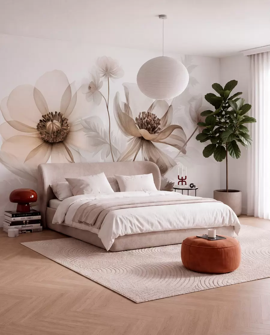 wall murals Велики, провидни, сепија цветови са нежним латицама, пернатим листовима и мањим цветовима w09900