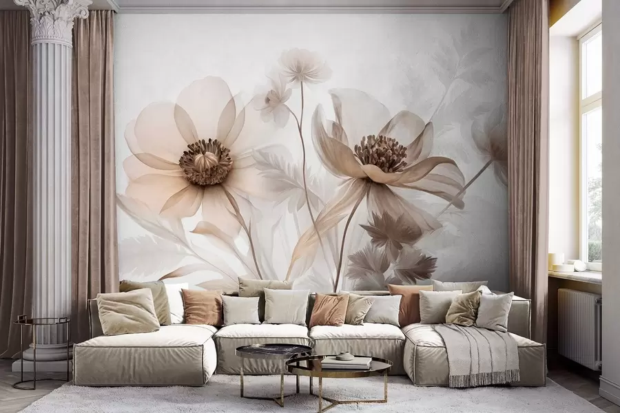 wall murals Велики, провидни, сепија цветови са нежним латицама, пернатим листовима и мањим цветовима w09900