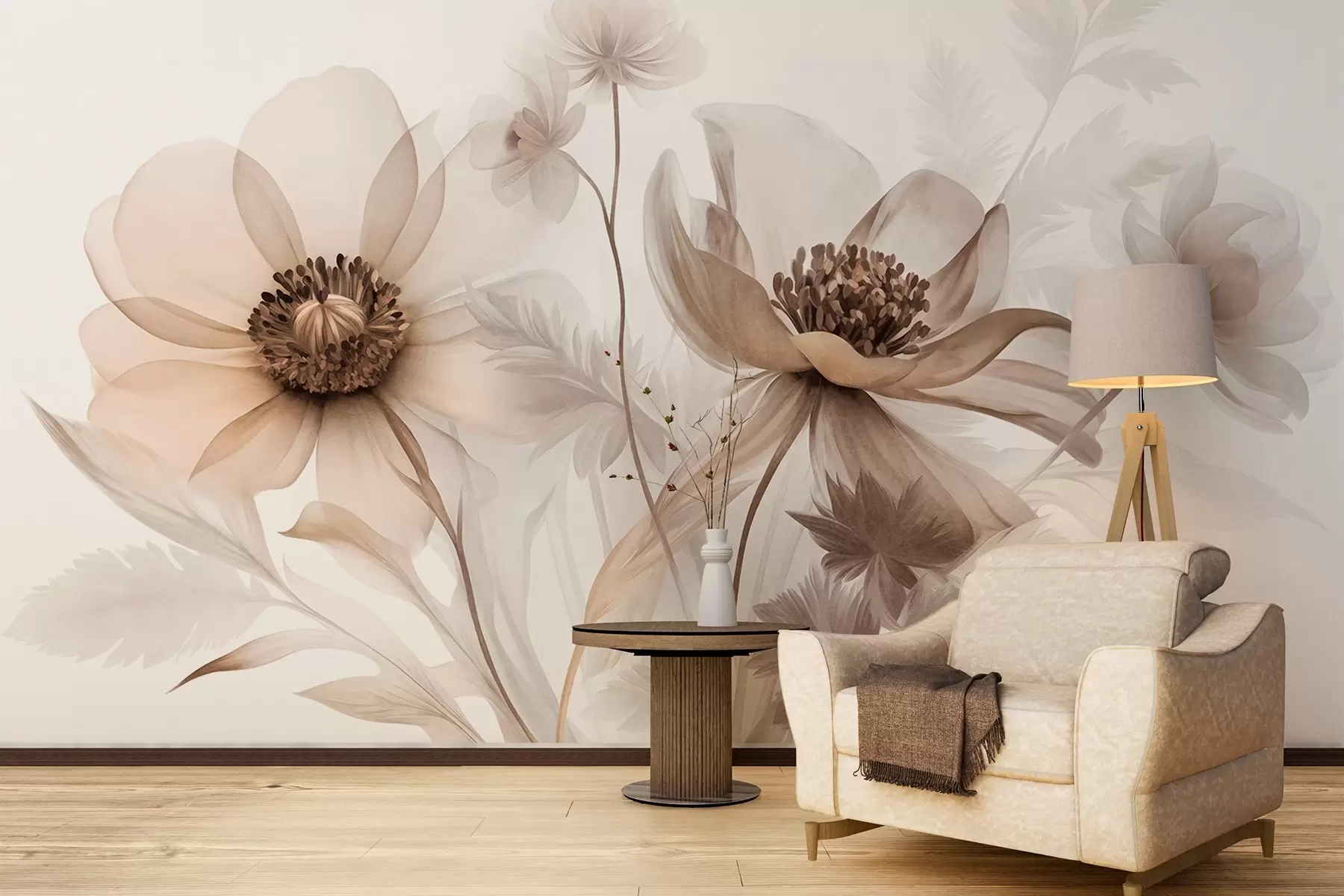 wall murals Велики, провидни, сепија цветови са нежним латицама, пернатим листовима и мањим цветовима w09900