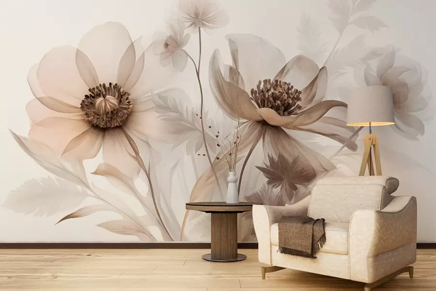 wall murals Велики, провидни, сепија цветови са нежним латицама, пернатим листовима и мањим цветовима w09900