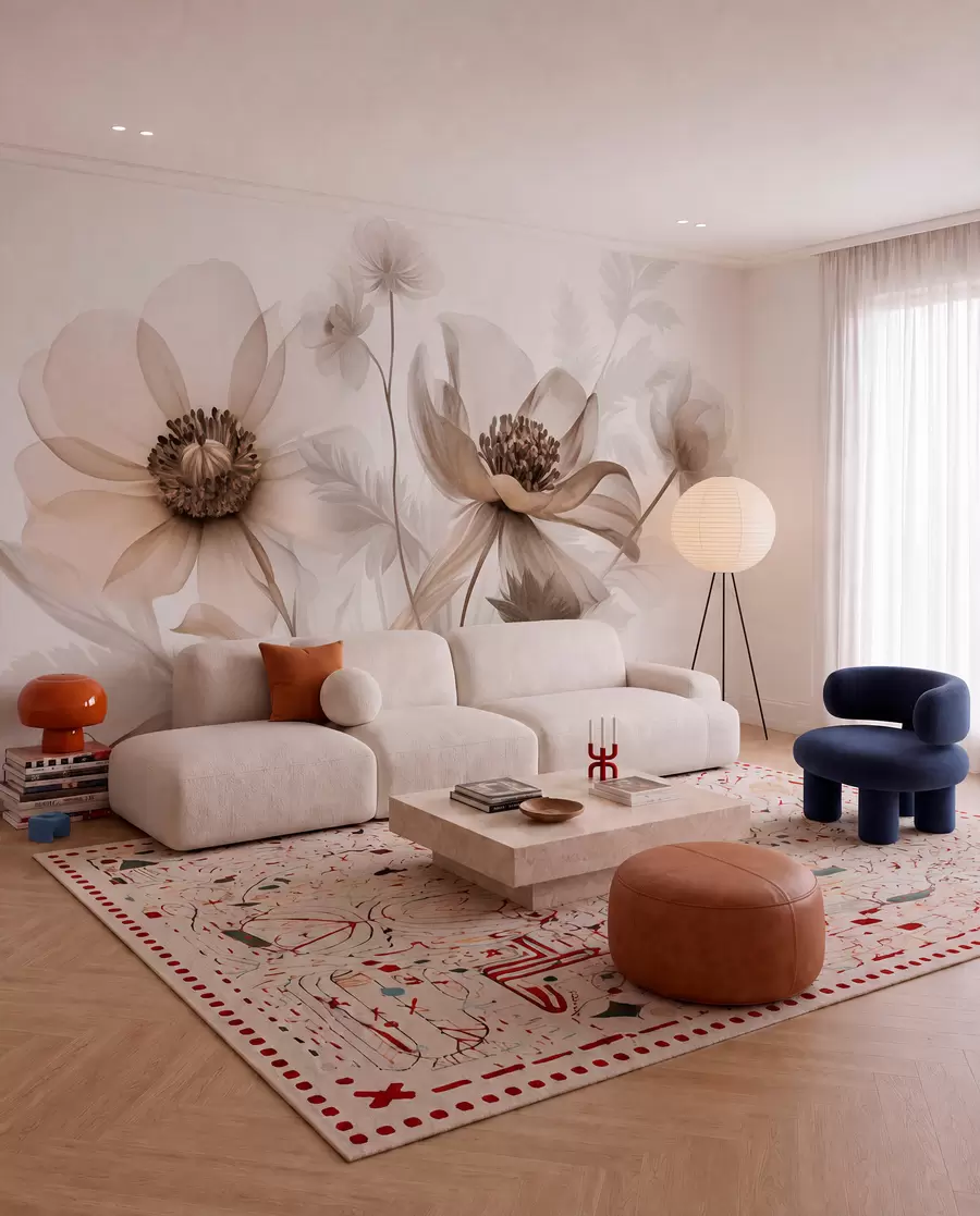 wall murals Велики, провидни, сепија цветови са нежним латицама, пернатим листовима и мањим цветовима w09900