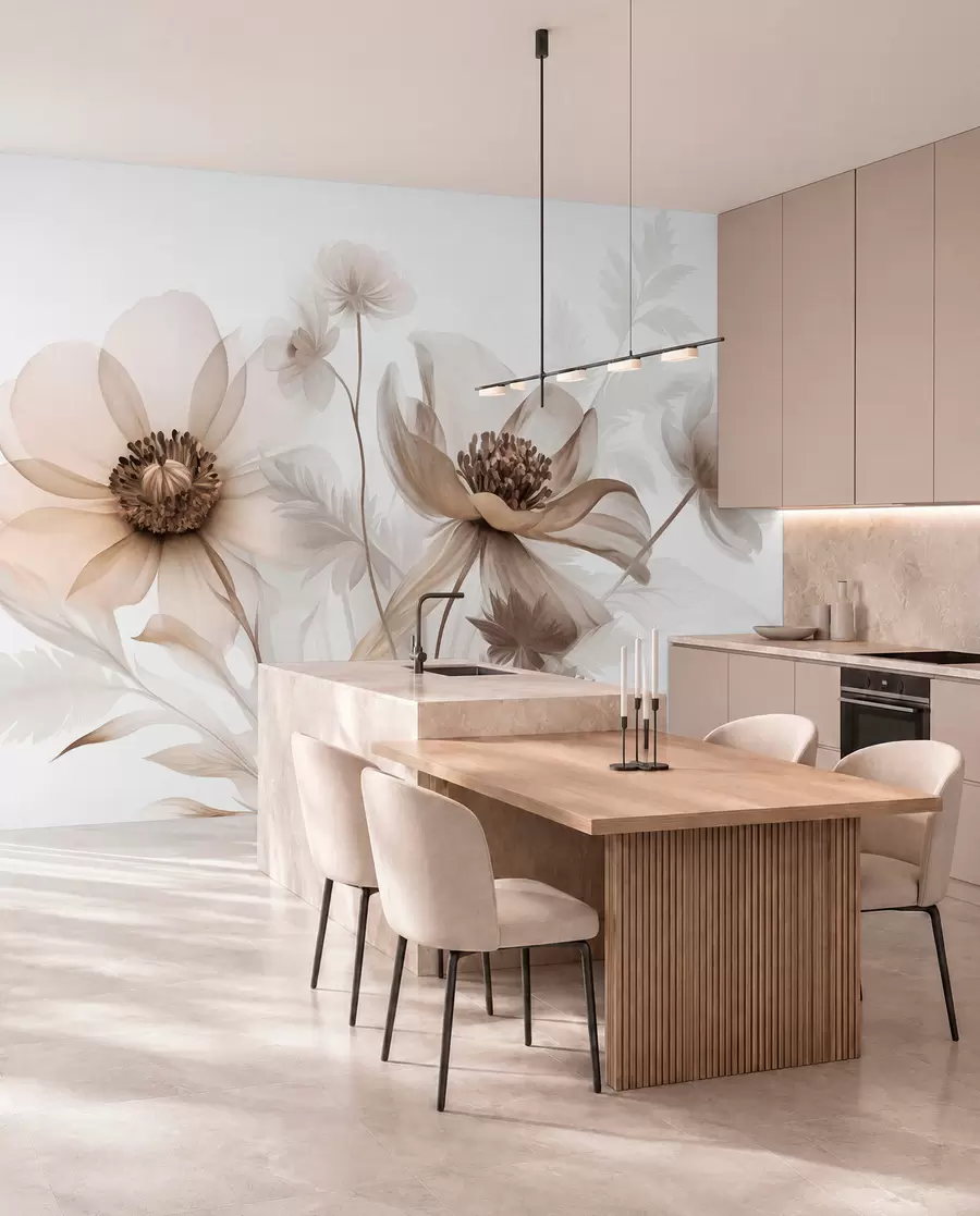 wall murals Велики, провидни, сепија цветови са нежним латицама, пернатим листовима и мањим цветовима w09900