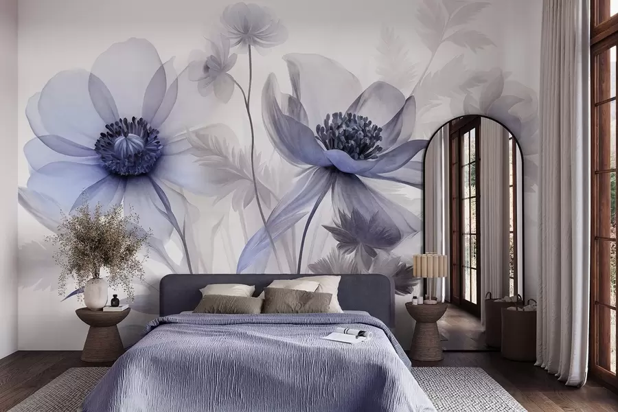 wall murals Велики, провидни, плавкасти цветови са нежним латицама, пернатим листовима и мањим цветовима w09900v1