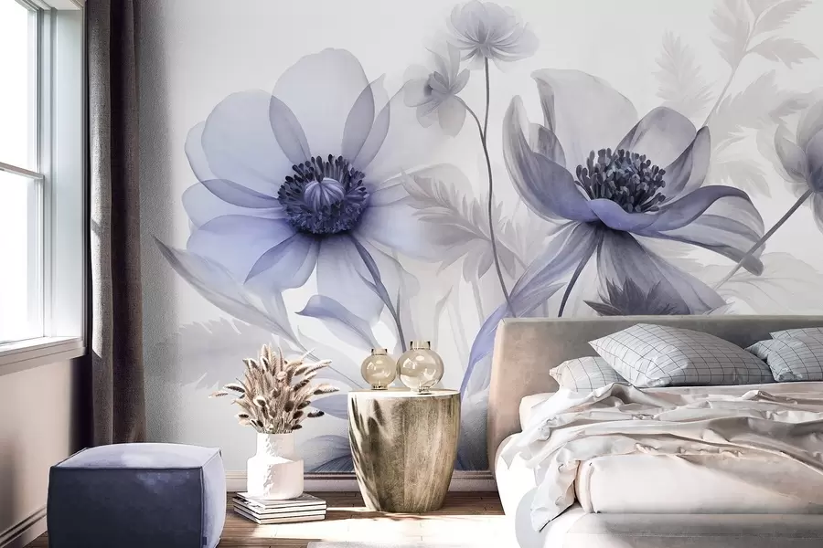 wall murals Велики, провидни, плавкасти цветови са нежним латицама, пернатим листовима и мањим цветовима w09900v1