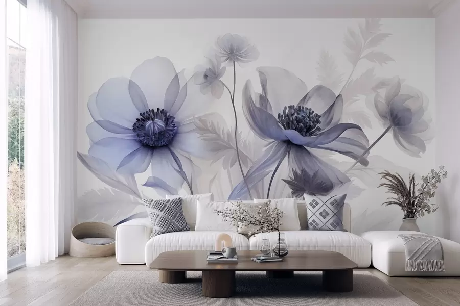 wall murals Велики, провидни, плавкасти цветови са нежним латицама, пернатим листовима и мањим цветовима w09900v1
