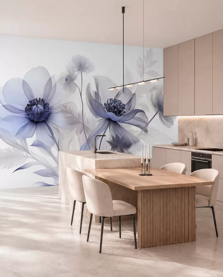 wall murals Велики, провидни, плавкасти цветови са нежним латицама, пернатим листовима и мањим цветовима w09900v1