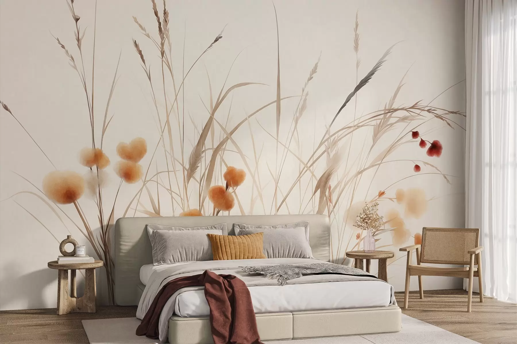 wall murals Високе траве и мало наранџасто дивље цвеће на бледој позадини, текстурирани бохо стил w09902