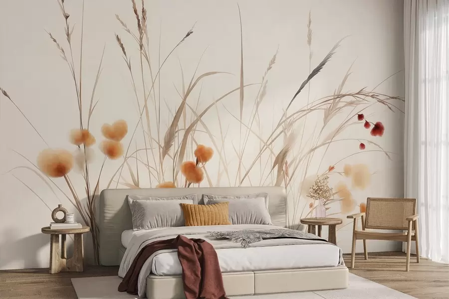 wall murals Високе траве и мало наранџасто дивље цвеће на бледој позадини, текстурирани бохо стил w09902