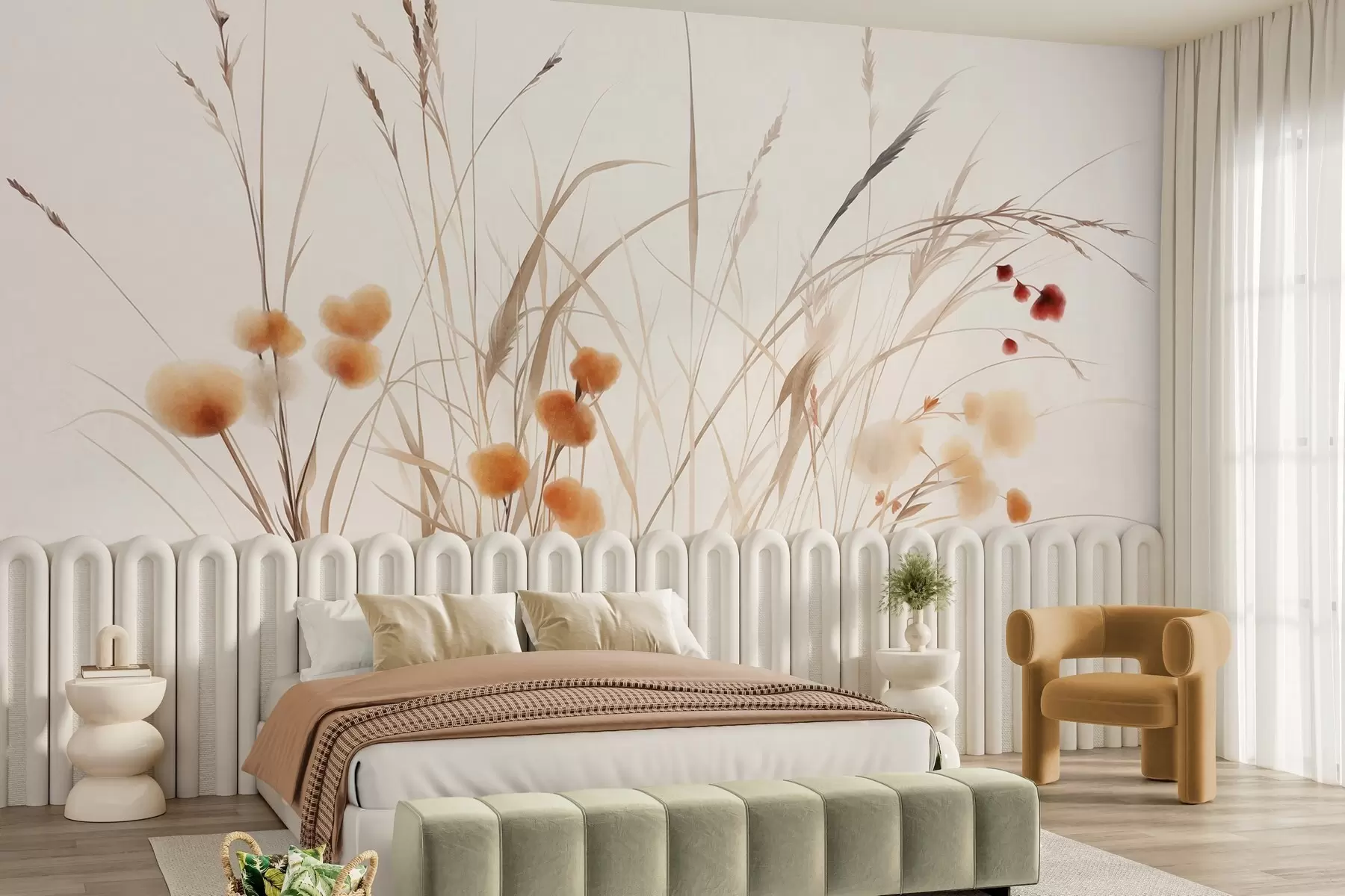 wall murals Високе траве и мало наранџасто дивље цвеће на бледој позадини, текстурирани бохо стил w09902