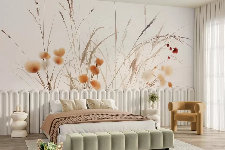 wall murals Високе траве и мало наранџасто дивље цвеће на бледој позадини, текстурирани бохо стил w09902