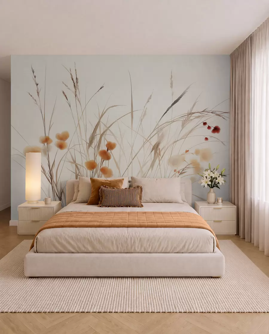 wall murals Високе траве и мало наранџасто дивље цвеће на бледој позадини, текстурирани бохо стил w09902