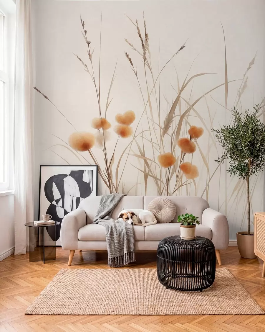 wall murals Високе траве и мало наранџасто дивље цвеће на бледој позадини, текстурирани бохо стил w09902