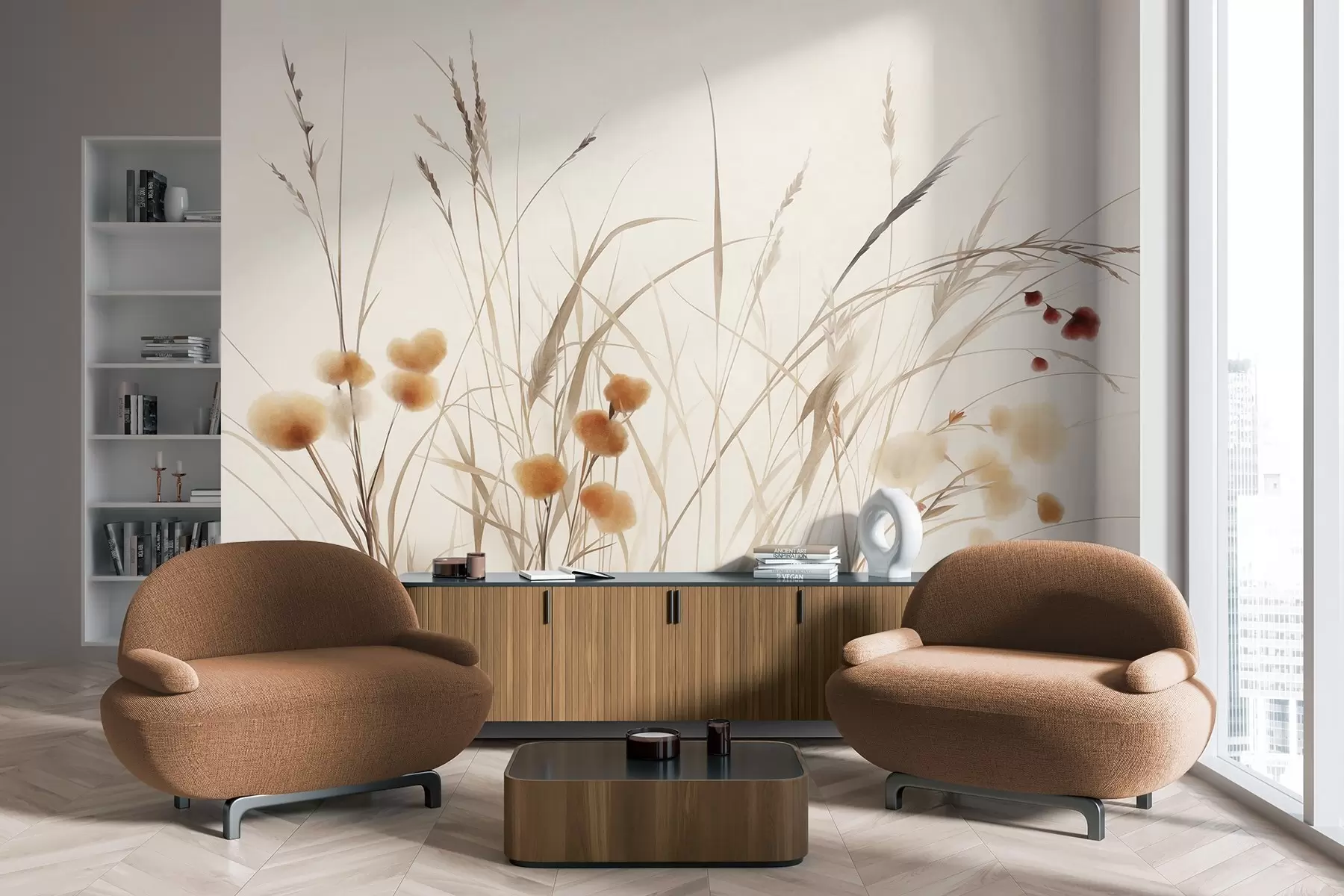 wall murals Високе траве и мало наранџасто дивље цвеће на бледој позадини, текстурирани бохо стил w09902