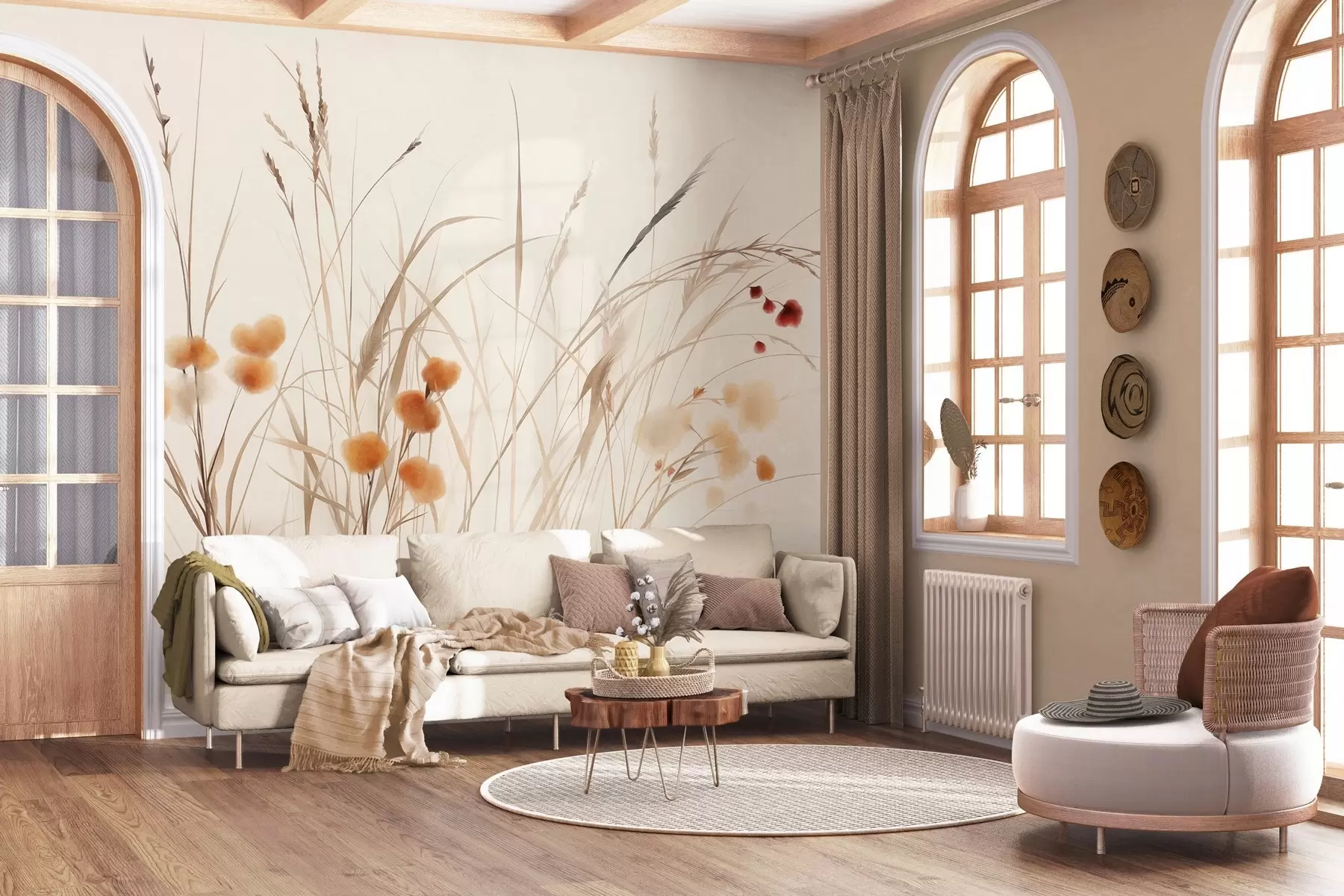 wall murals Високе траве и мало наранџасто дивље цвеће на бледој позадини, текстурирани бохо стил w09902